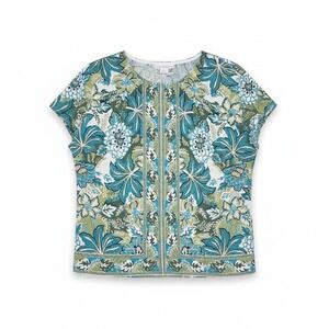 Susan Hutton Teal Green Floral Tropical Print Short Sleeve Blouse, Women's Small